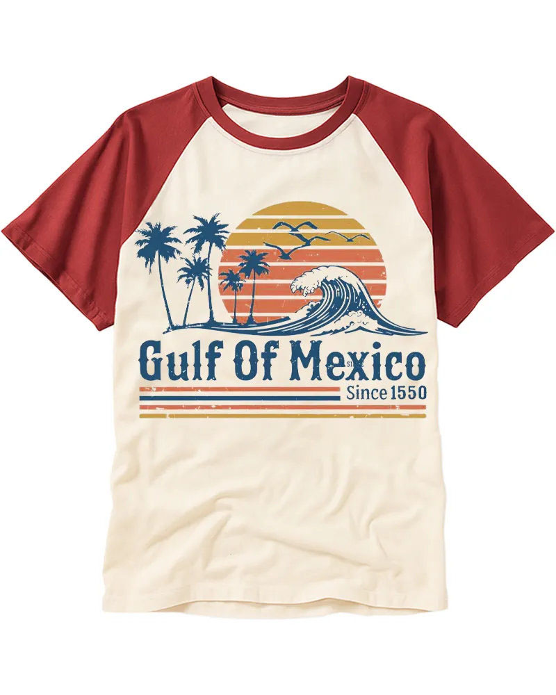Vintage Tropical Sunset Beach Cotton Raglan T-Shirt