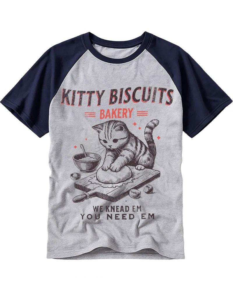 Vintage Baking Cat Graphic Cotton Raglan T-Shirt