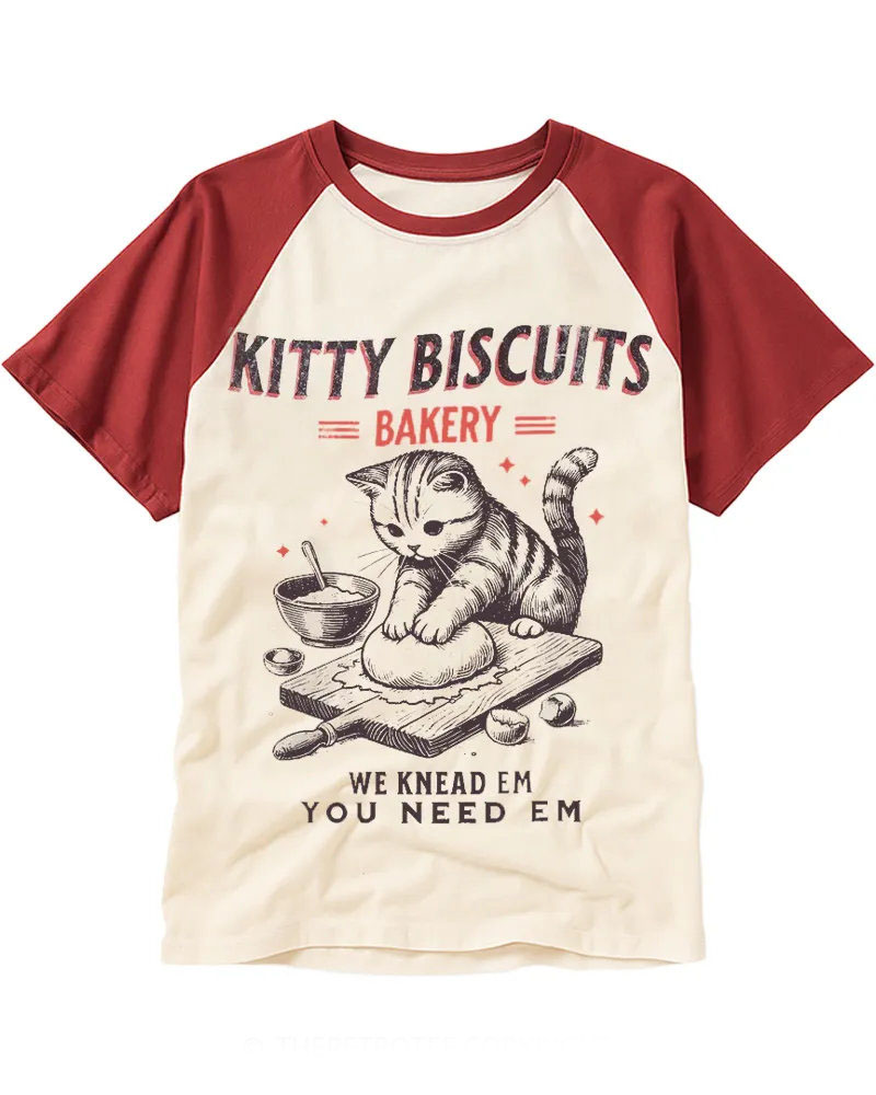 Vintage Baking Cat Graphic Cotton Raglan T-Shirt