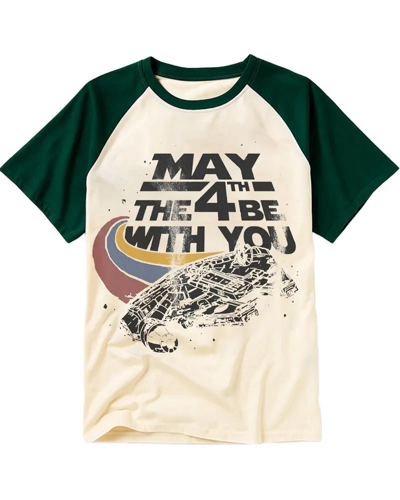 Vintage Sci-Fi Spaceship Graphic Cotton Raglan T-Shirt