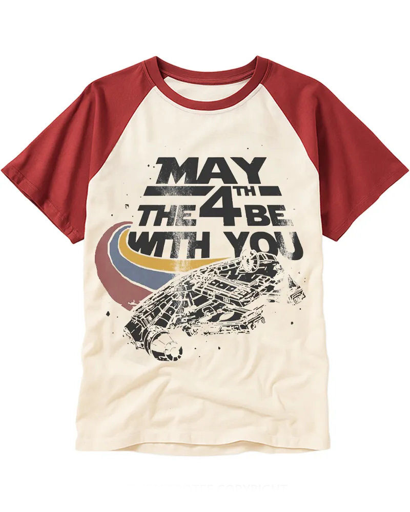 Vintage Sci-Fi Spaceship Graphic Cotton Raglan T-Shirt