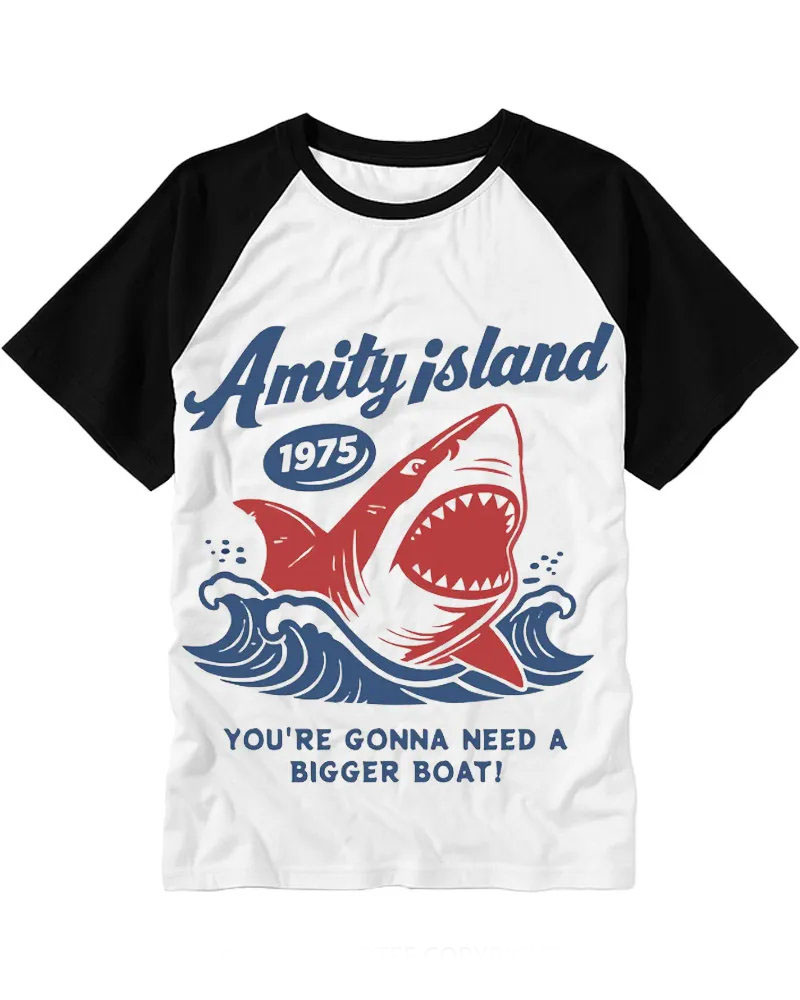Vintage Red White Blue Shark & Waves Cotton Baseball T-Shirt