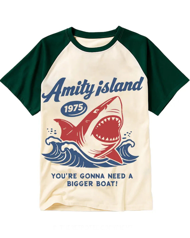 Vintage Red White Blue Shark & Waves Cotton Baseball T-Shirt