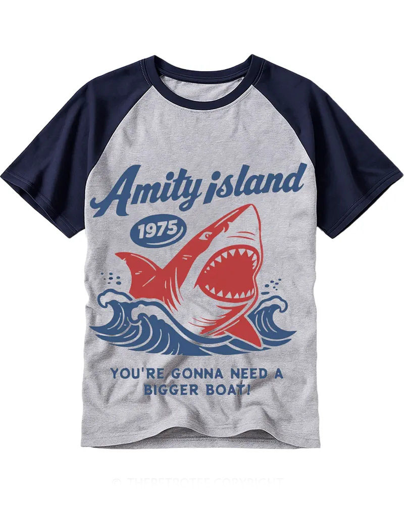 Vintage Red White Blue Shark & Waves Cotton Baseball T-Shirt