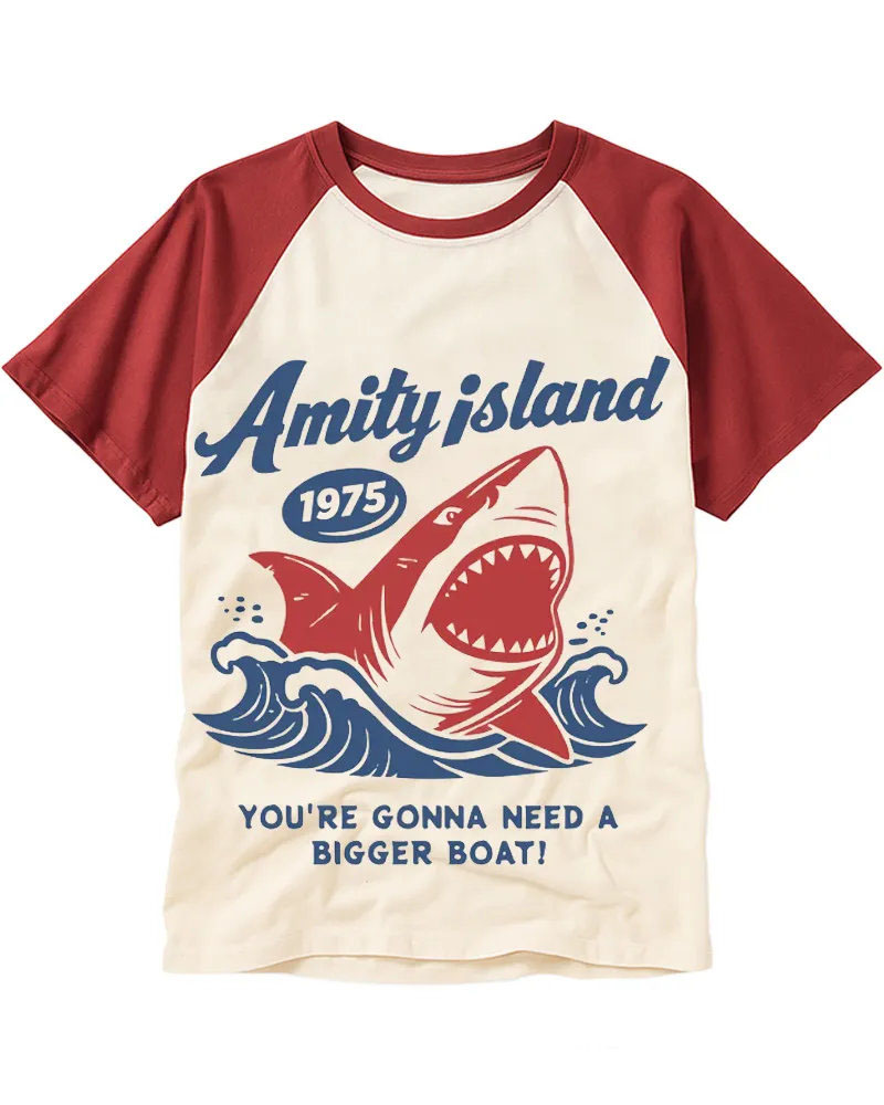 Vintage Red White Blue Shark & Waves Cotton Baseball T-Shirt