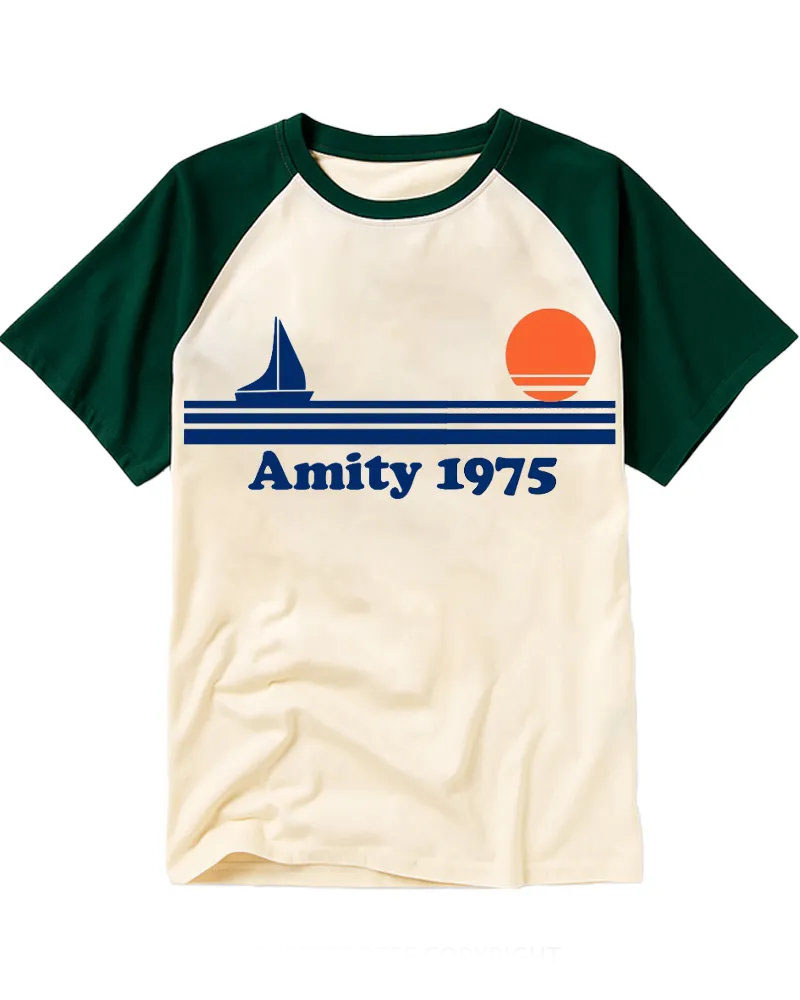 Retro Minimalist Sailboat & Sun Cotton Raglan T-Shirt