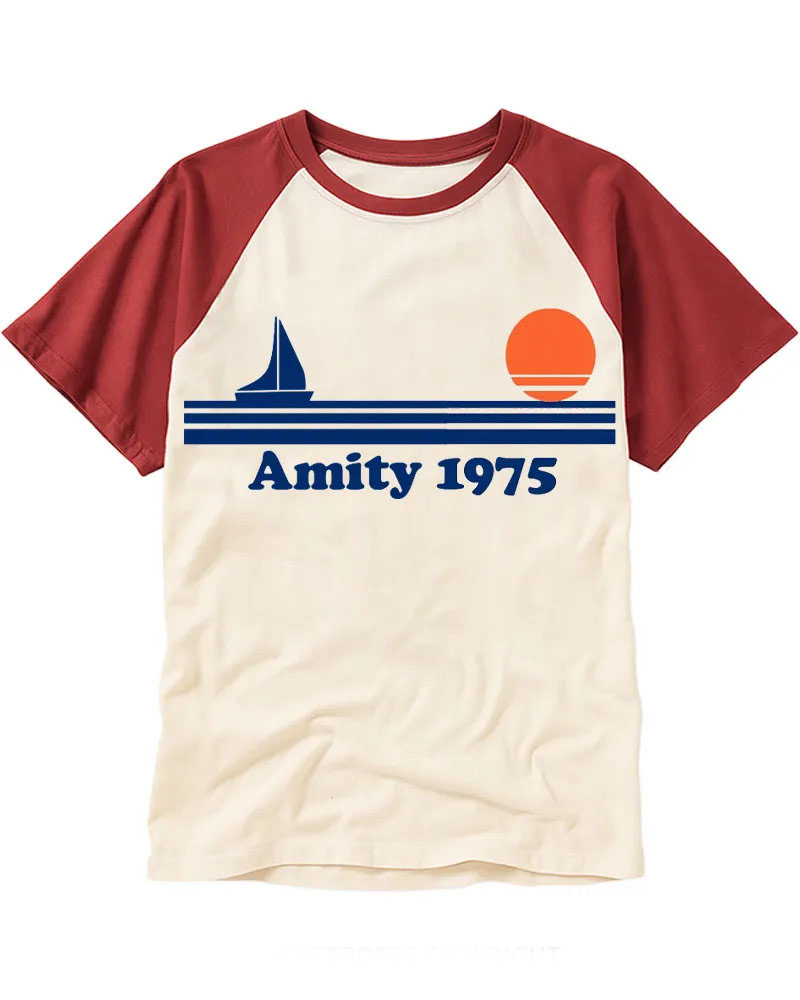 Retro Minimalist Sailboat & Sun Cotton Raglan T-Shirt
