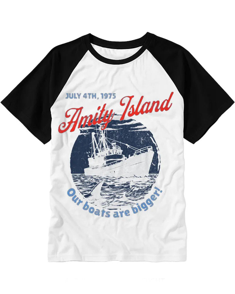 Distressed Shark & Fishing Boat Graphic Raglan Tee