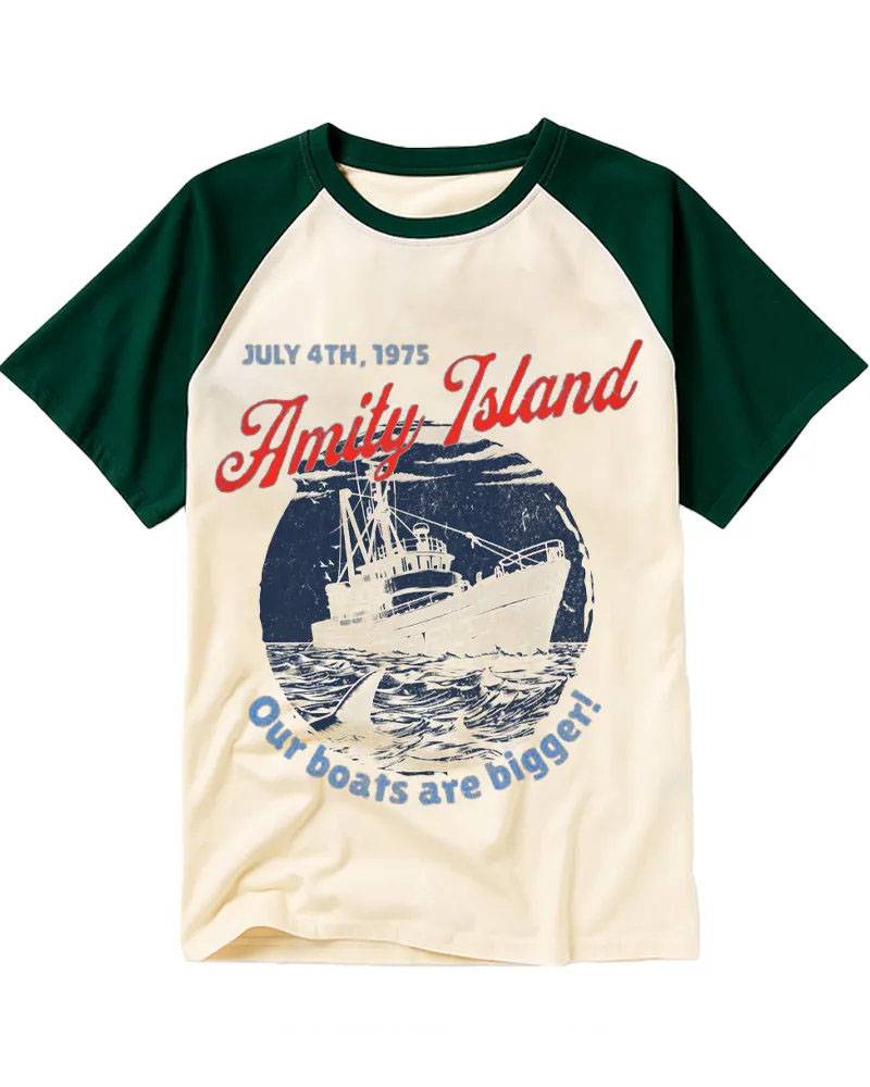 Distressed Shark & Fishing Boat Graphic Raglan Tee