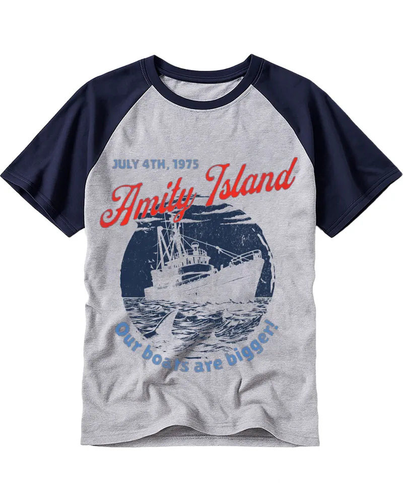 Distressed Shark & Fishing Boat Graphic Raglan Tee
