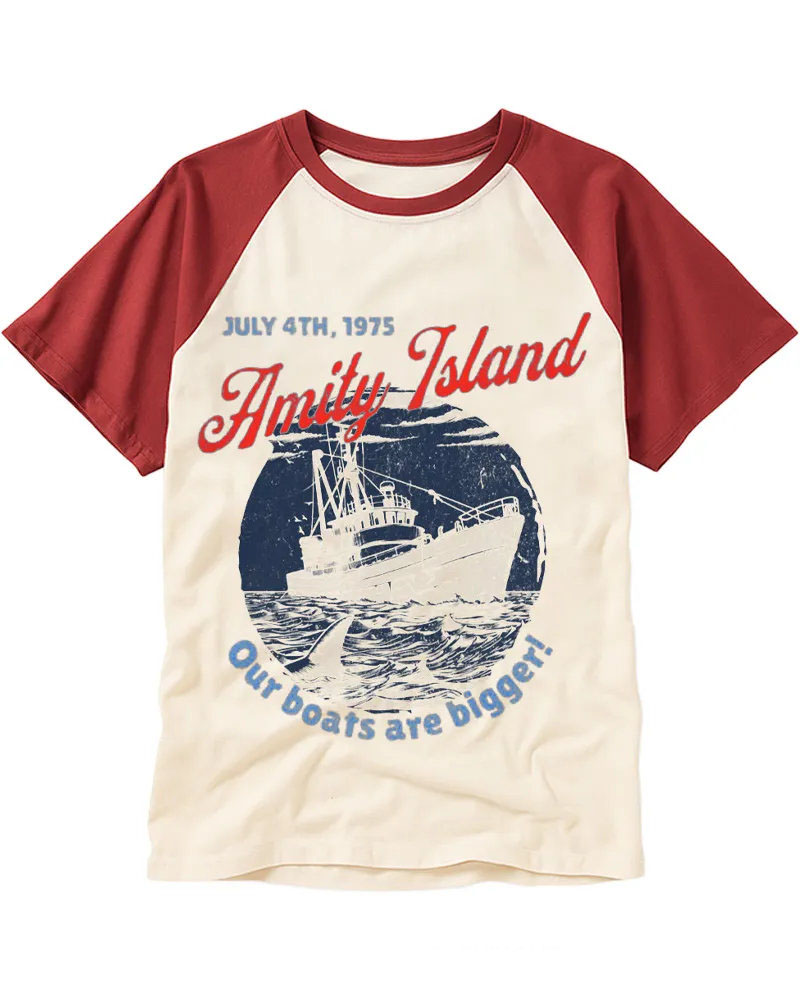 Distressed Shark & Fishing Boat Graphic Raglan Tee