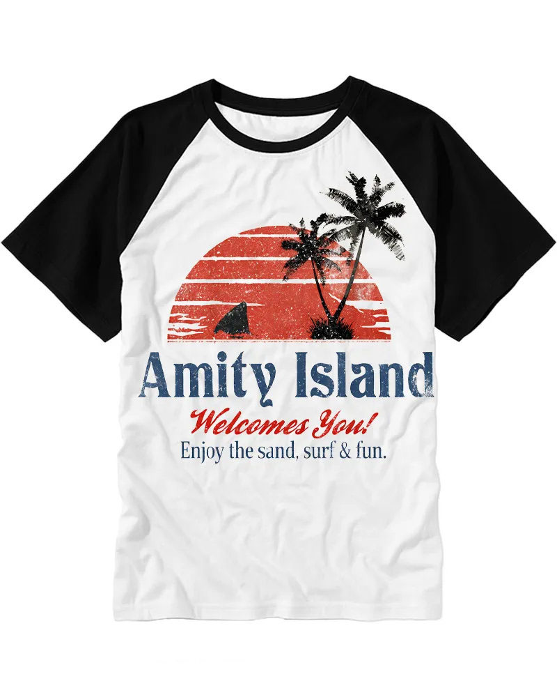 Vintage Distressed Shark Island Graphic Cotton Raglan Shirt