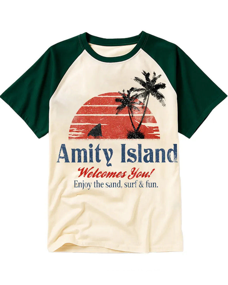 Vintage Distressed Shark Island Graphic Cotton Raglan Shirt