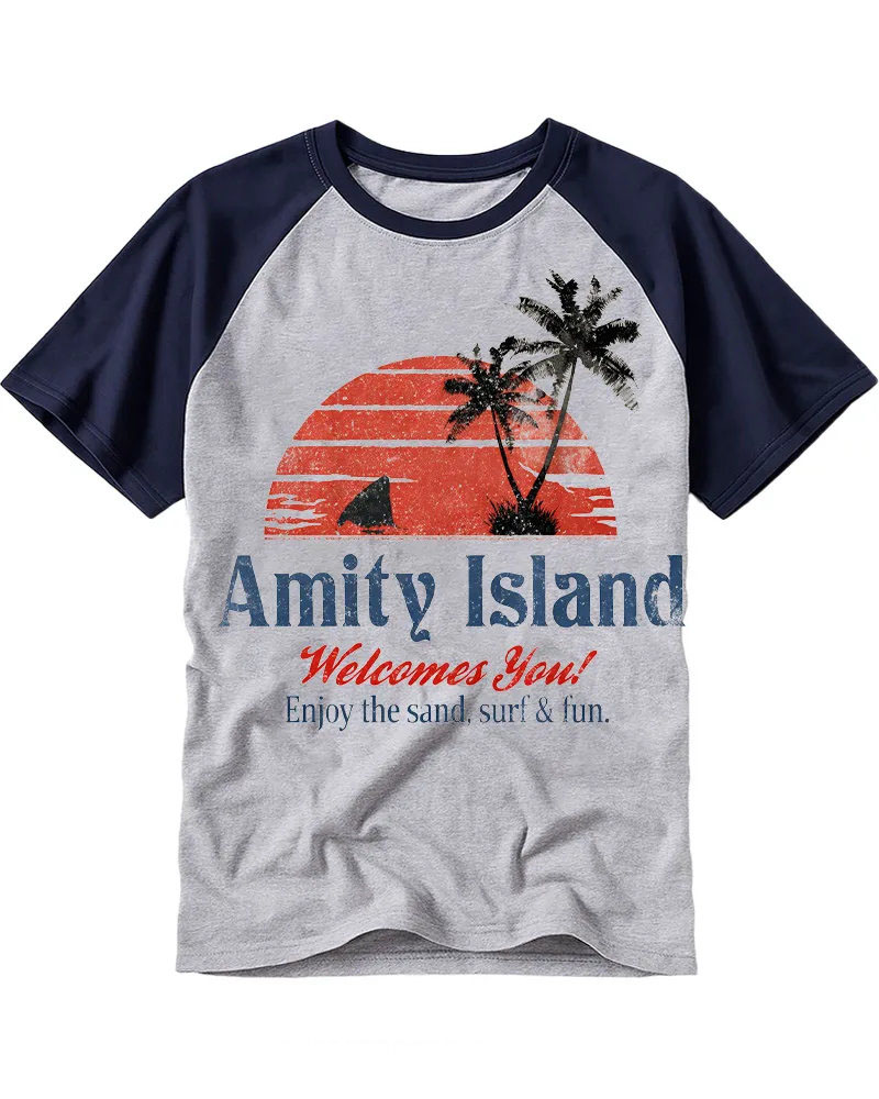 Vintage Distressed Shark Island Graphic Cotton Raglan Shirt