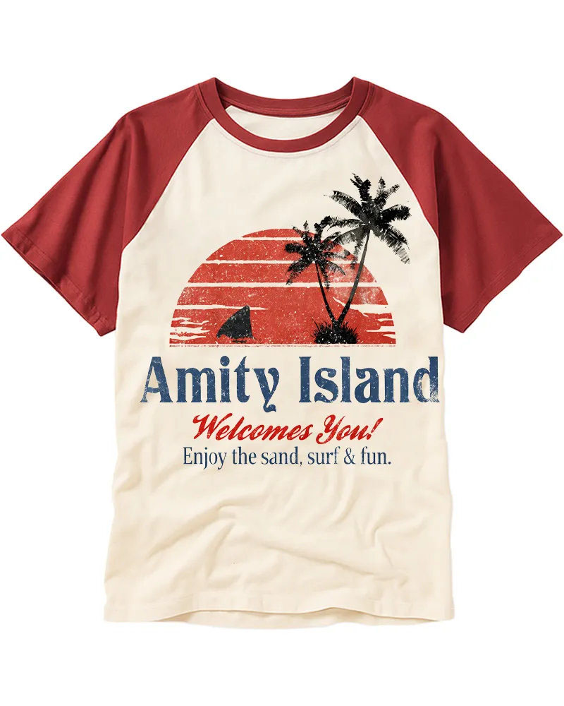 Vintage Distressed Shark Island Graphic Cotton Raglan Shirt