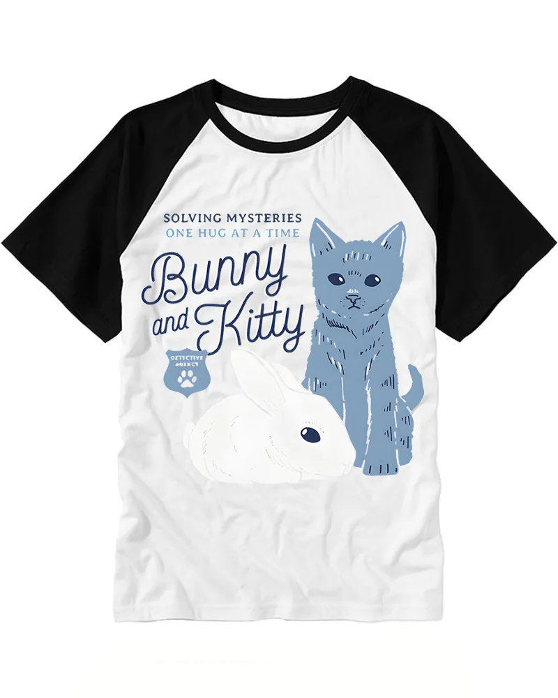 Whimsical Cat & Rabbit Art Raglan Tee