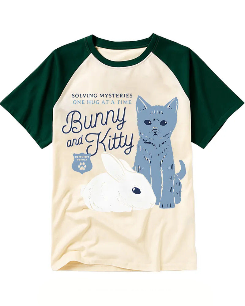 Whimsical Cat & Rabbit Art Raglan Tee