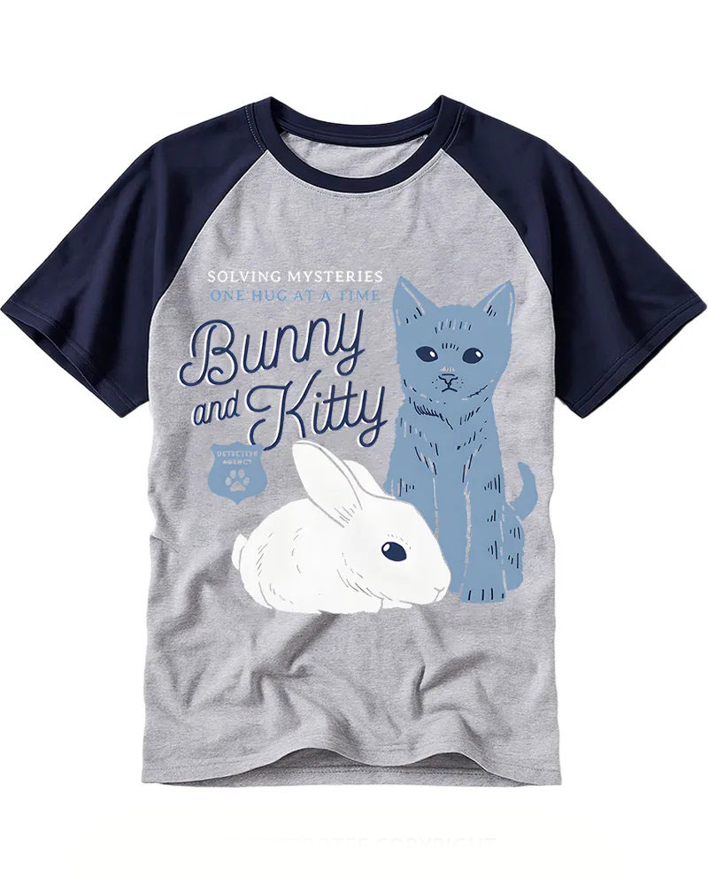 Whimsical Cat & Rabbit Art Raglan Tee