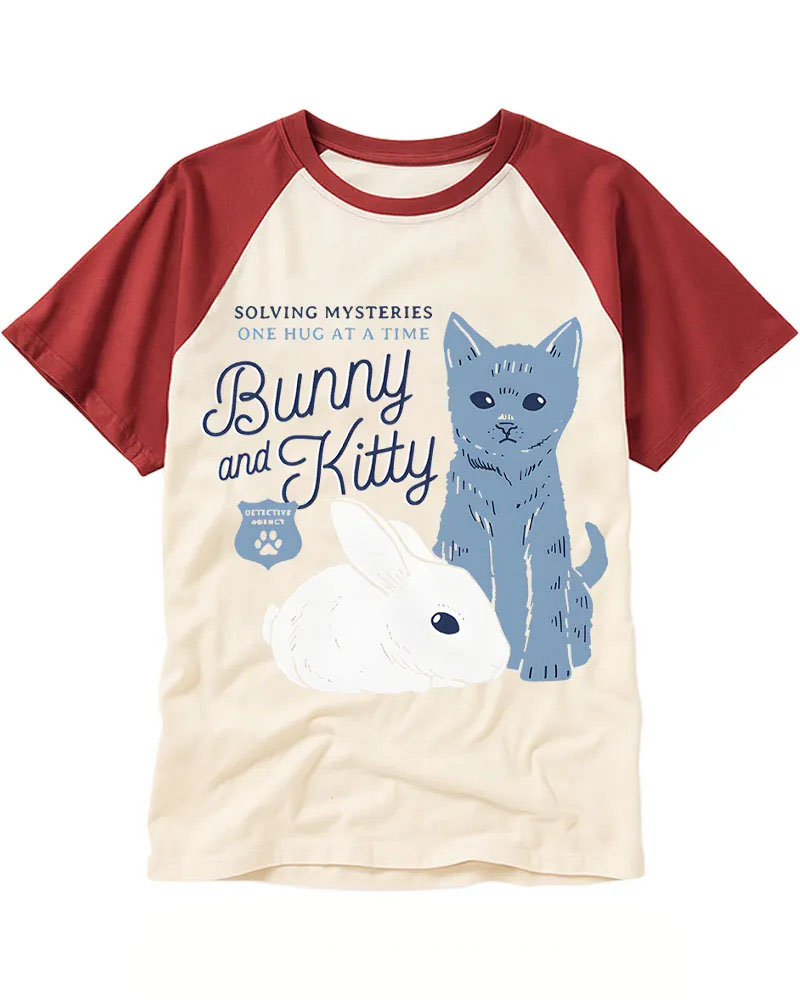 Whimsical Cat & Rabbit Art Raglan Tee