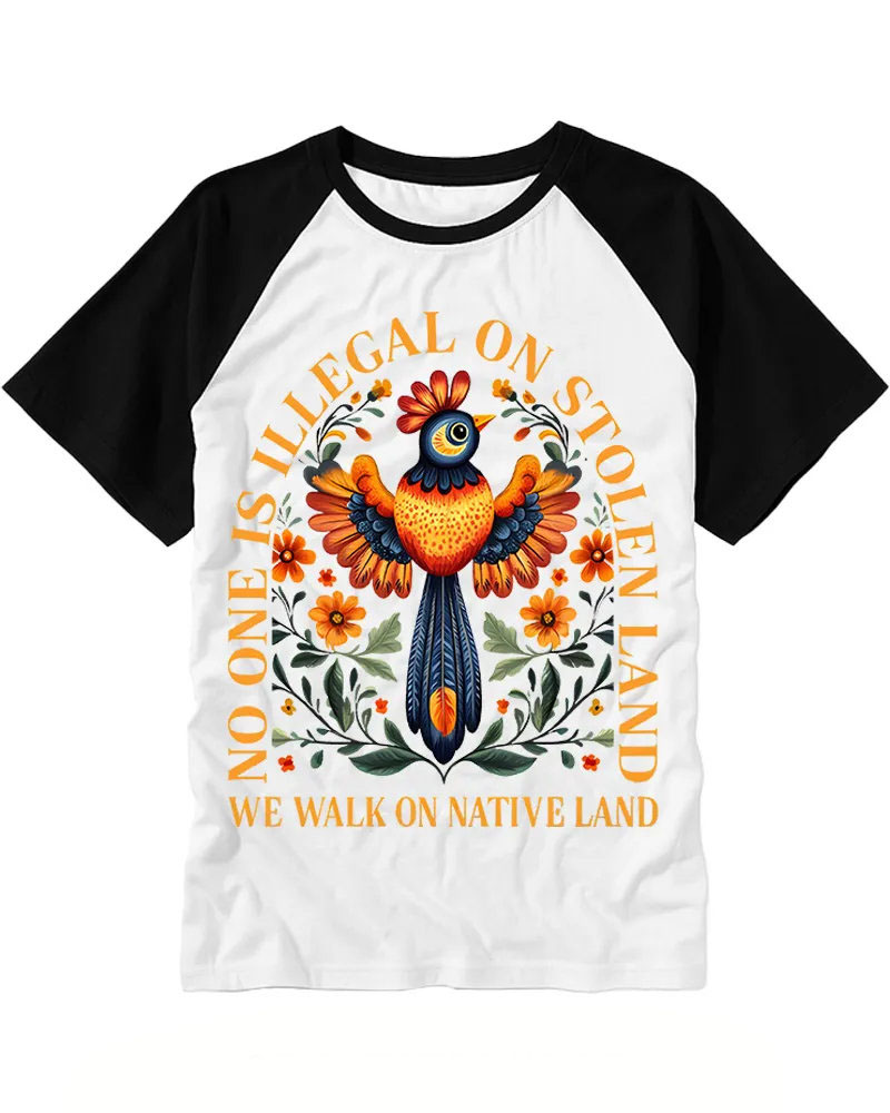 Retro Folk Colorful Bird Floral Raglan Tee