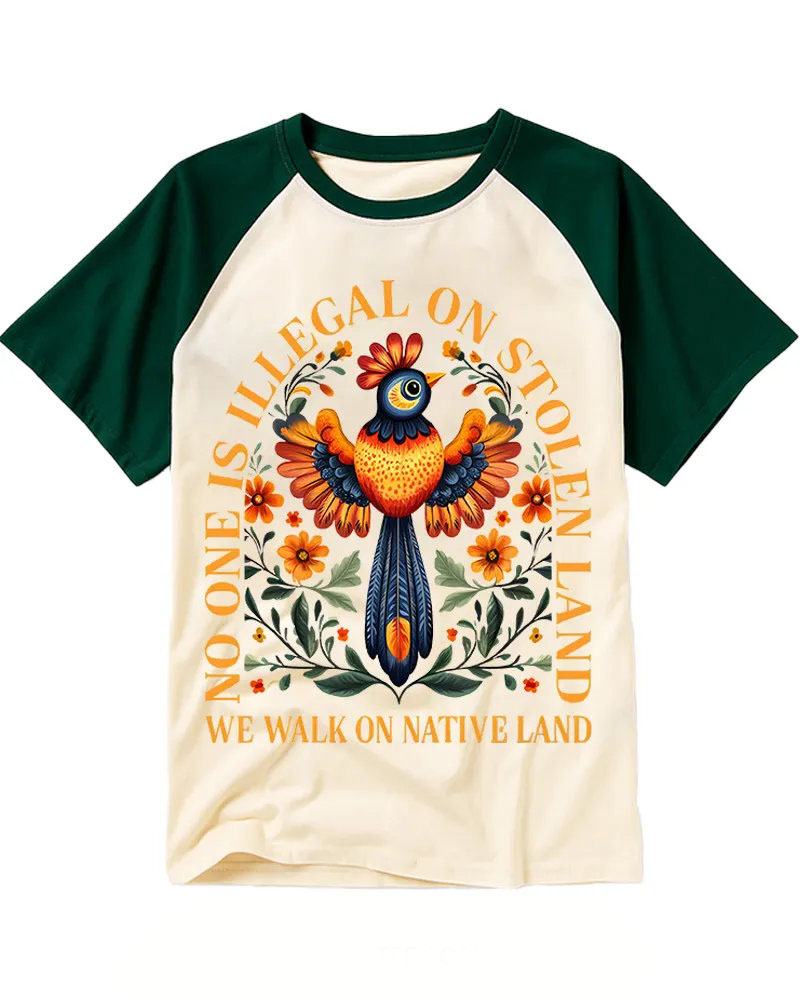Retro Folk Colorful Bird Floral Raglan Tee
