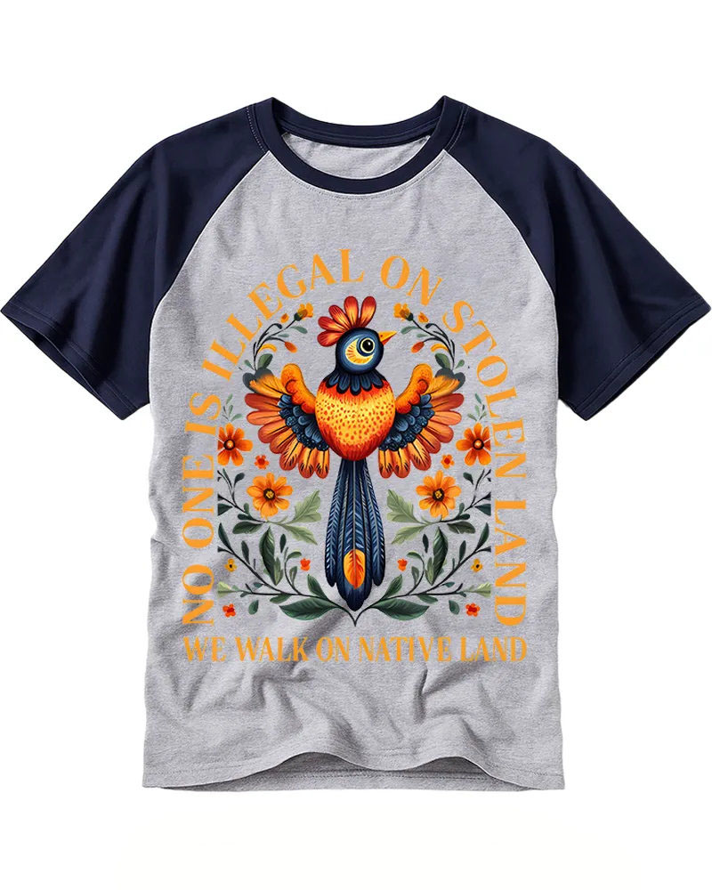 Retro Folk Colorful Bird Floral Raglan Tee