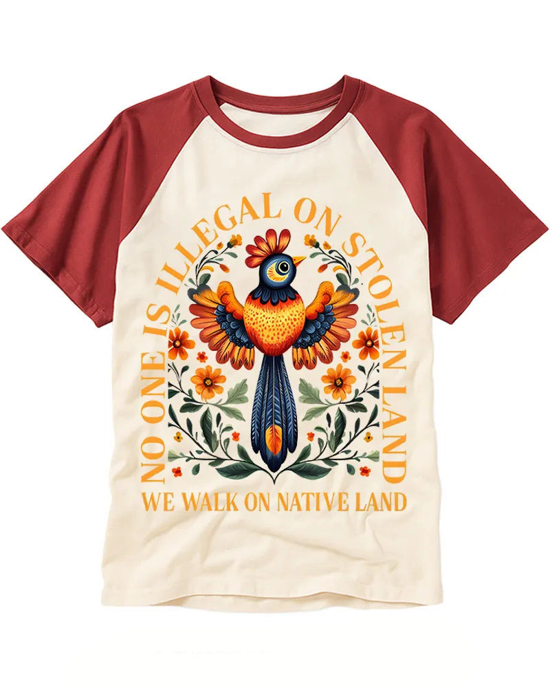 Retro Folk Colorful Bird Floral Raglan Tee