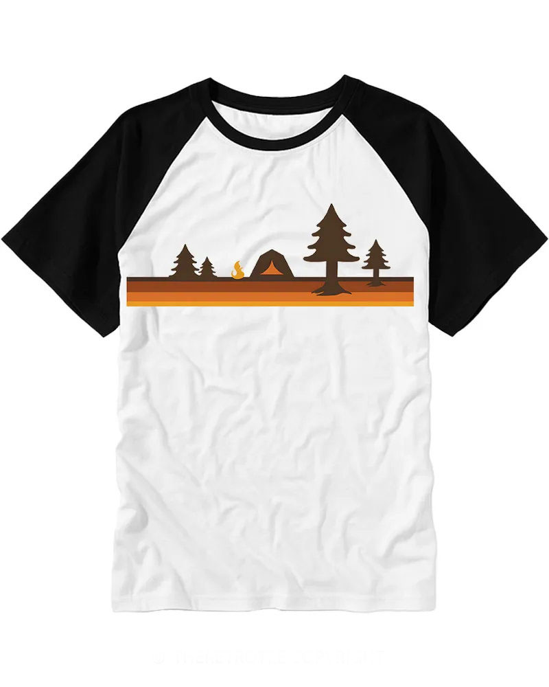 Orange Gradient Retro Wilderness Camping Raglan Tee