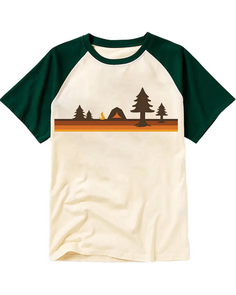 Orange Gradient Retro Wilderness Camping Raglan Tee