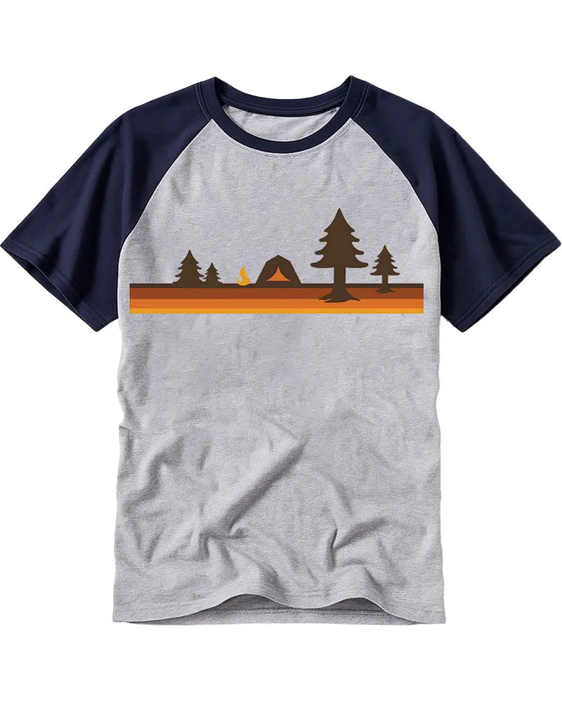 Orange Gradient Retro Wilderness Camping Raglan Tee