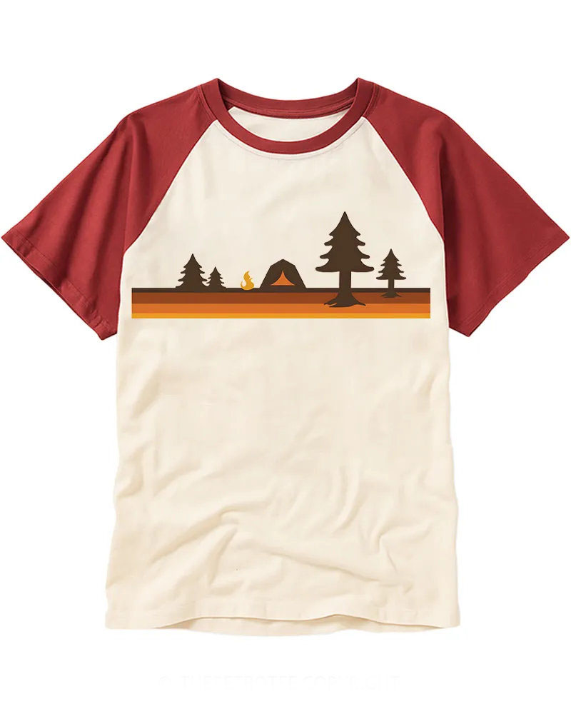 Orange Gradient Retro Wilderness Camping Raglan Tee