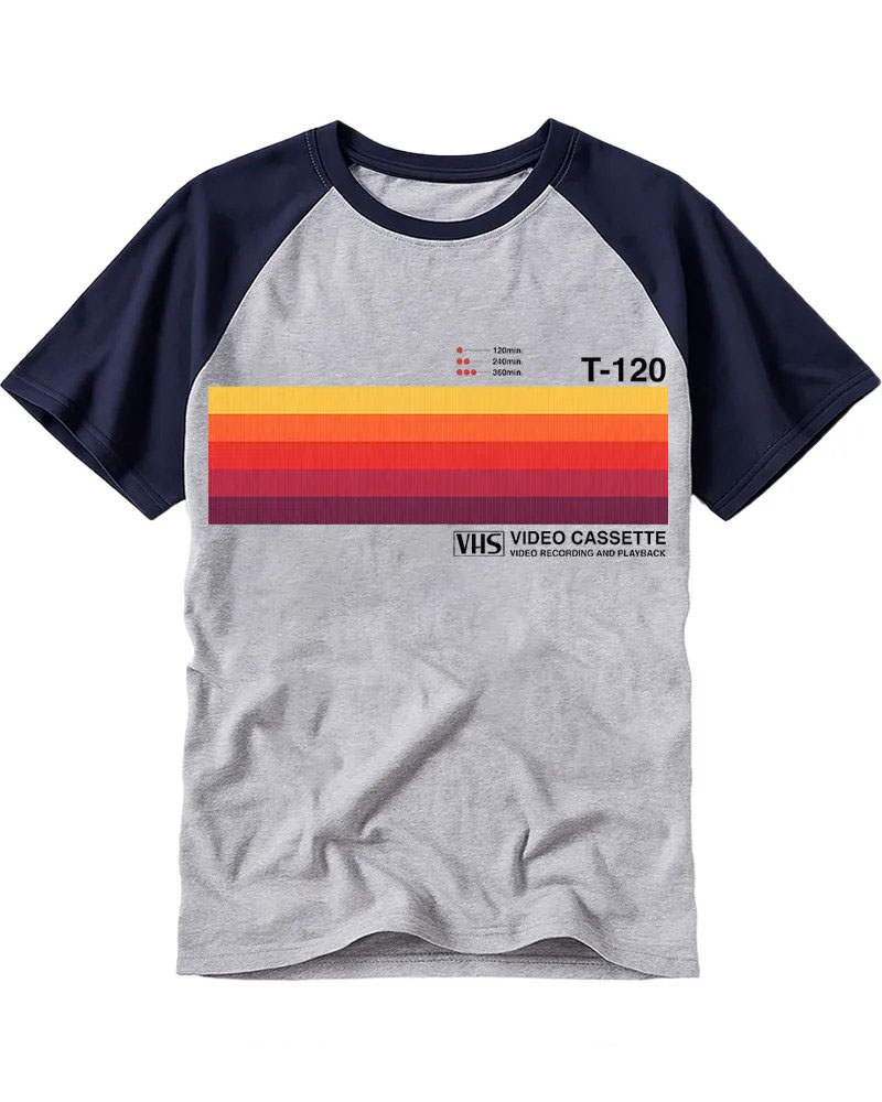 Retro VHS Inspired Stripe Cotton Raglan Tee