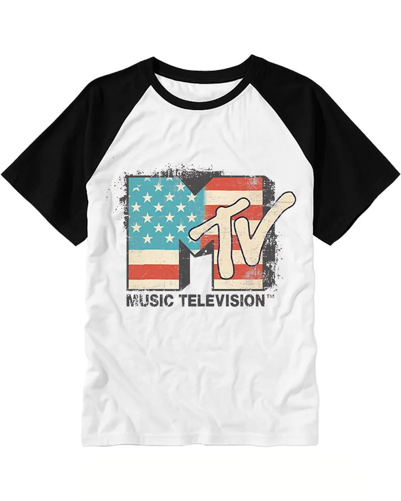 Distressed Retro US Flag MTV Classic Logo Raglan Tee