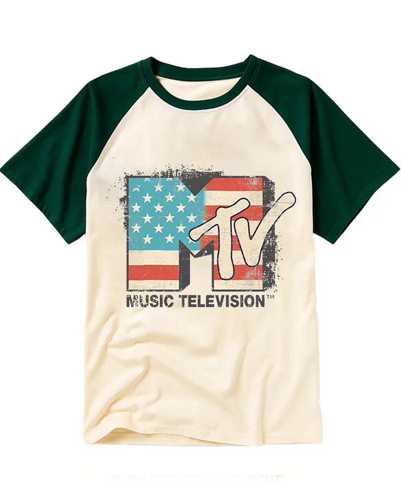 Distressed Retro US Flag MTV Classic Logo Raglan Tee