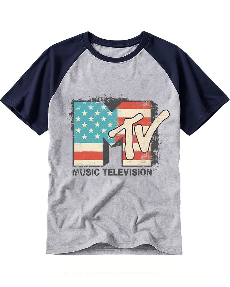 Distressed Retro US Flag MTV Classic Logo Raglan Tee
