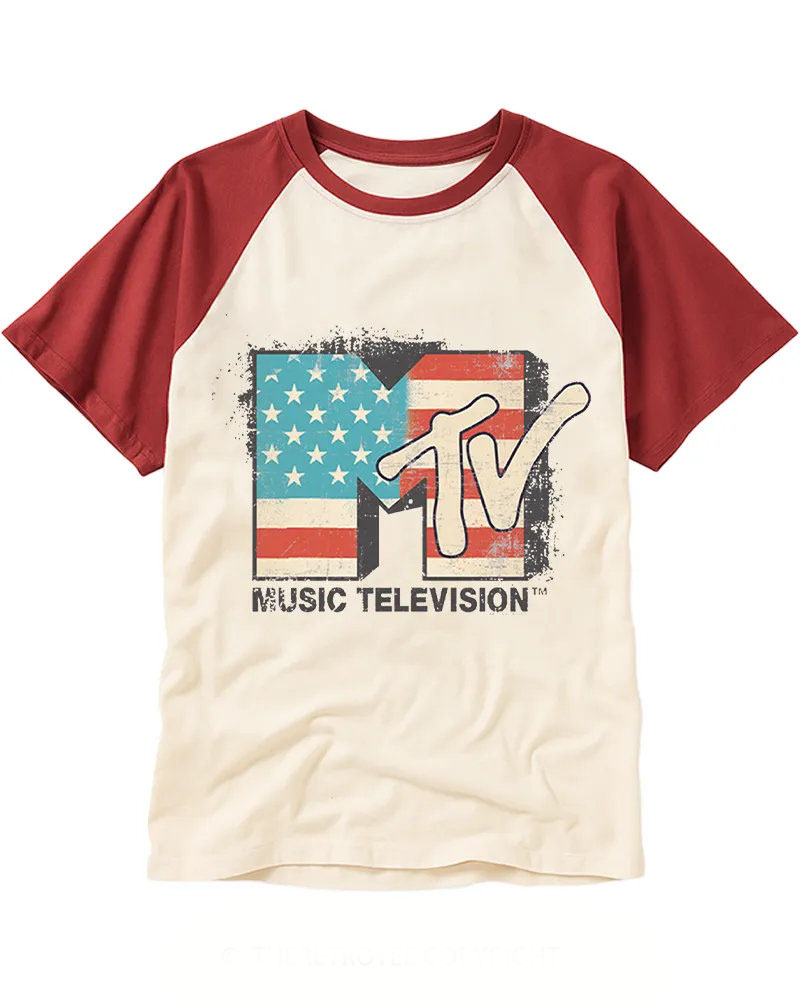 Distressed Retro US Flag MTV Classic Logo Raglan Tee