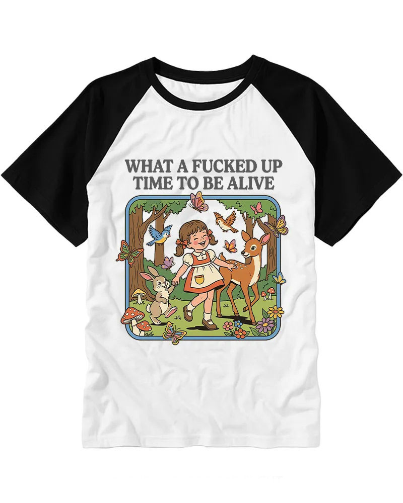 Vintage Retro Forest Girl & Animals Cotton Raglan T-Shirt
