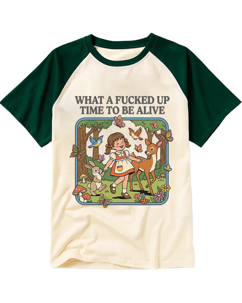 Vintage Retro Forest Girl & Animals Cotton Raglan T-Shirt