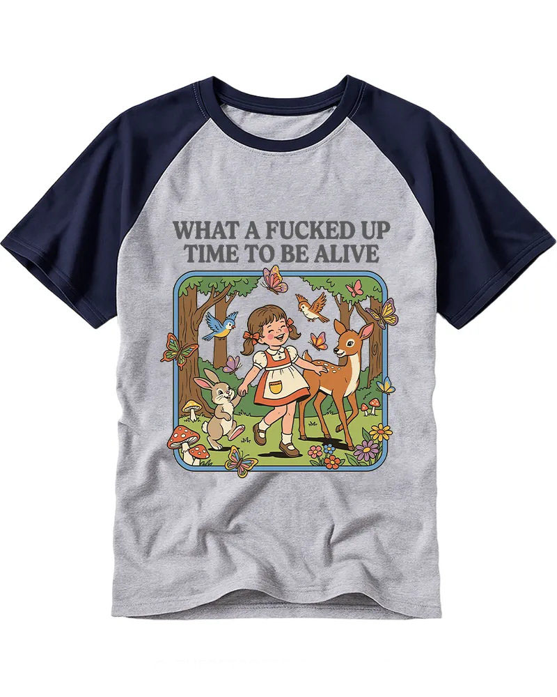 Vintage Retro Forest Girl & Animals Cotton Raglan T-Shirt