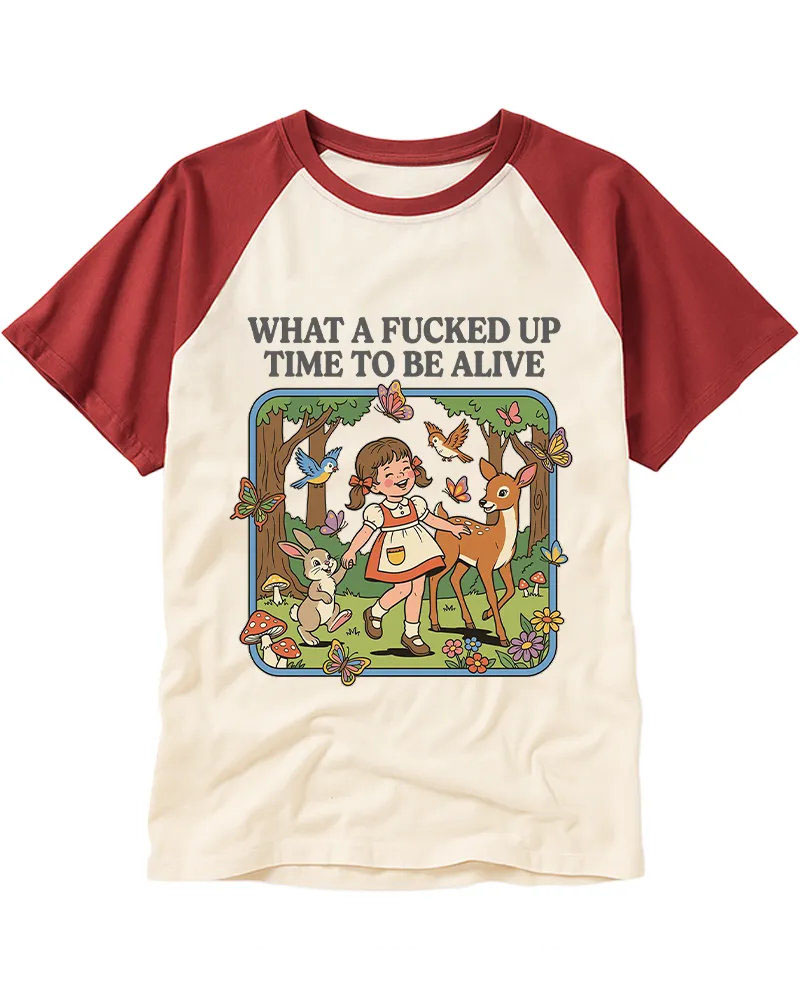 Vintage Retro Forest Girl & Animals Cotton Raglan T-Shirt