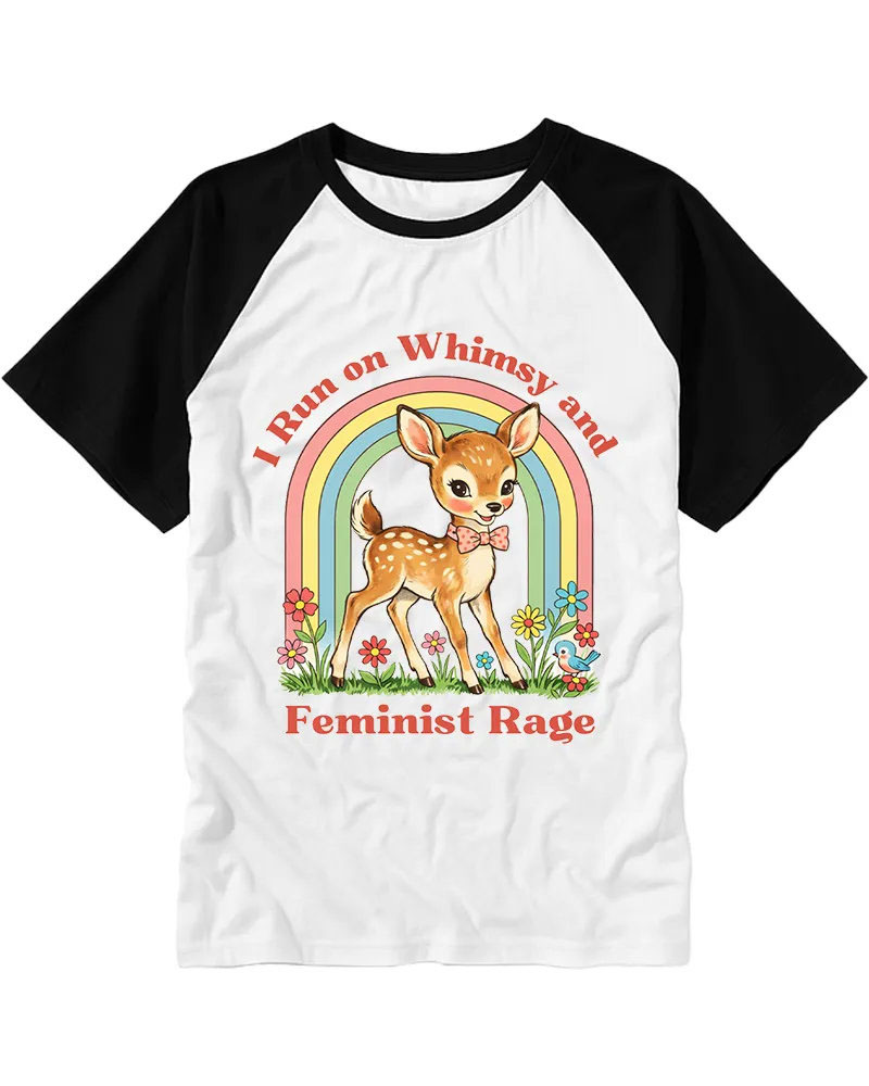 Cute Retro Deer & Rainbow Cotton Raglan T-Shirt