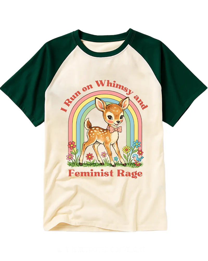Cute Retro Deer & Rainbow Cotton Raglan T-Shirt