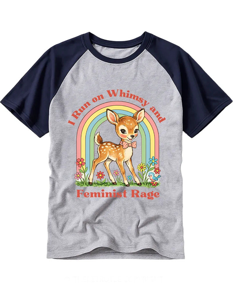 Cute Retro Deer & Rainbow Cotton Raglan T-Shirt