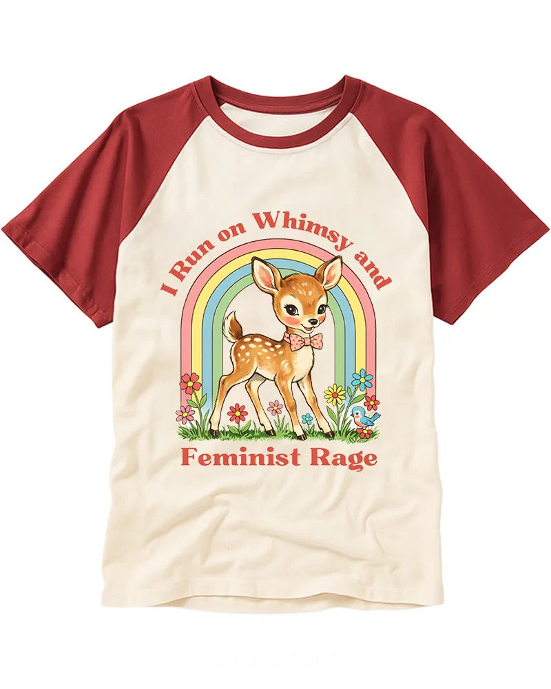 Cute Retro Deer & Rainbow Cotton Raglan T-Shirt