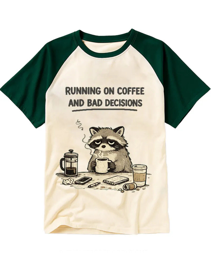 Retro Sleepy Raccoon Coffee Raglan Tee