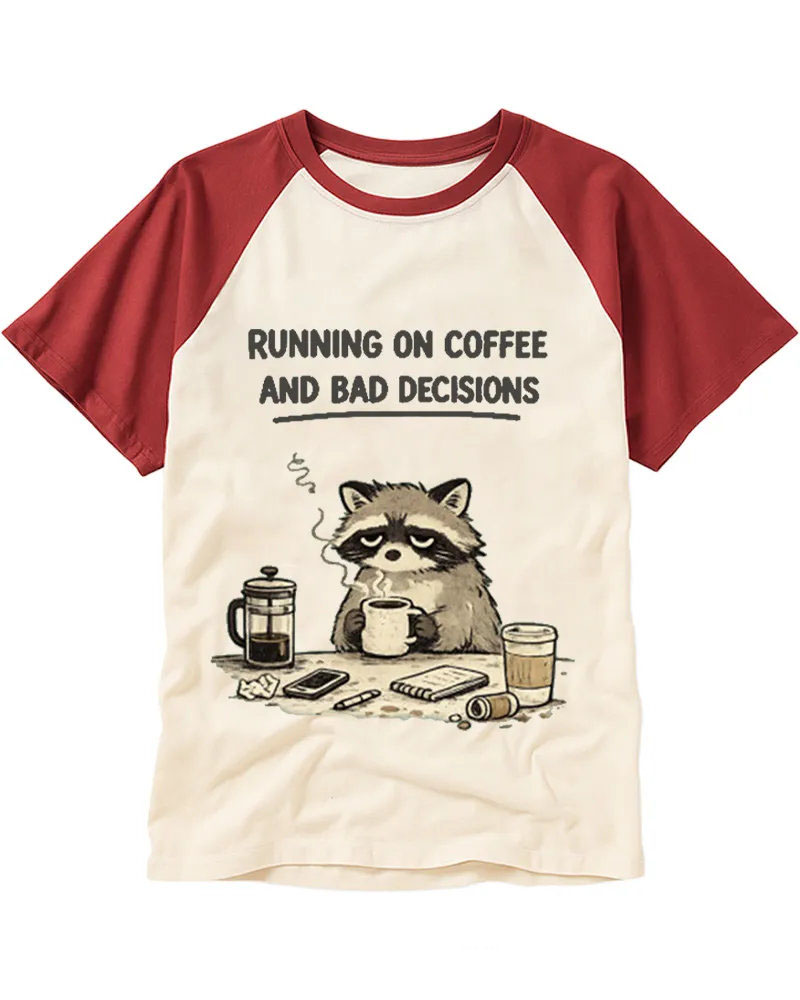Retro Sleepy Raccoon Coffee Raglan Tee