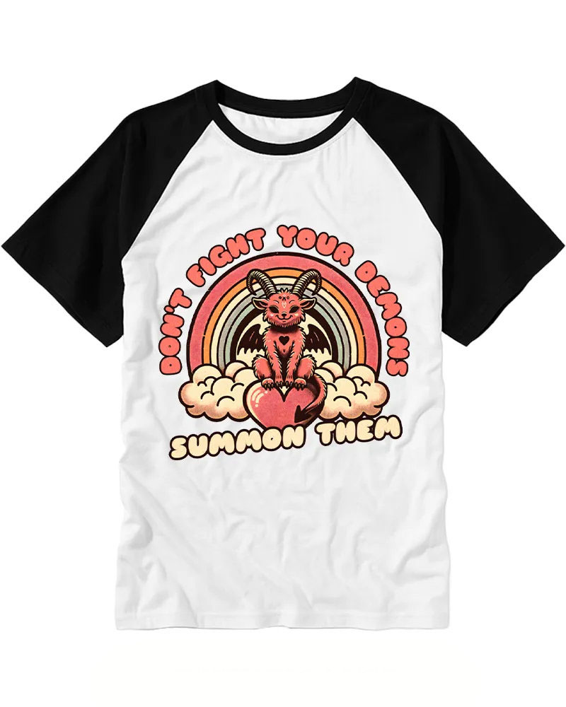 Vintage Pastel Rainbow Devil Graphic Raglan Tee