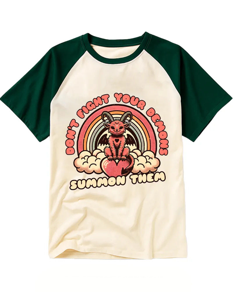 Vintage Pastel Rainbow Devil Graphic Raglan Tee