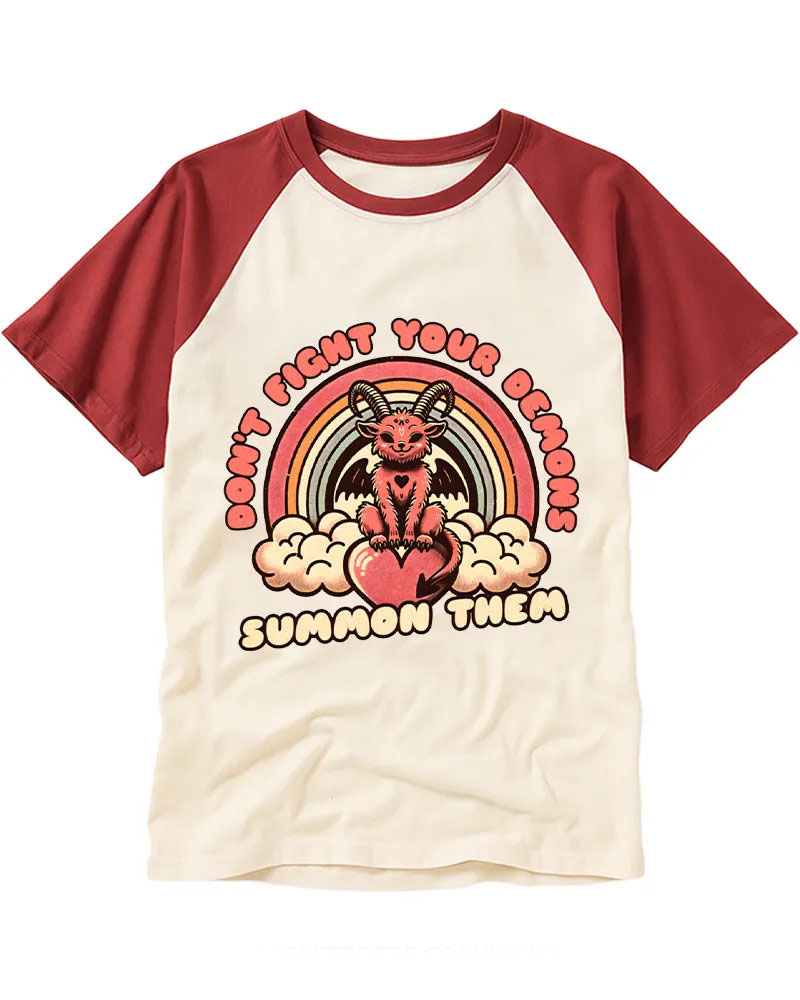 Vintage Pastel Rainbow Devil Graphic Raglan Tee