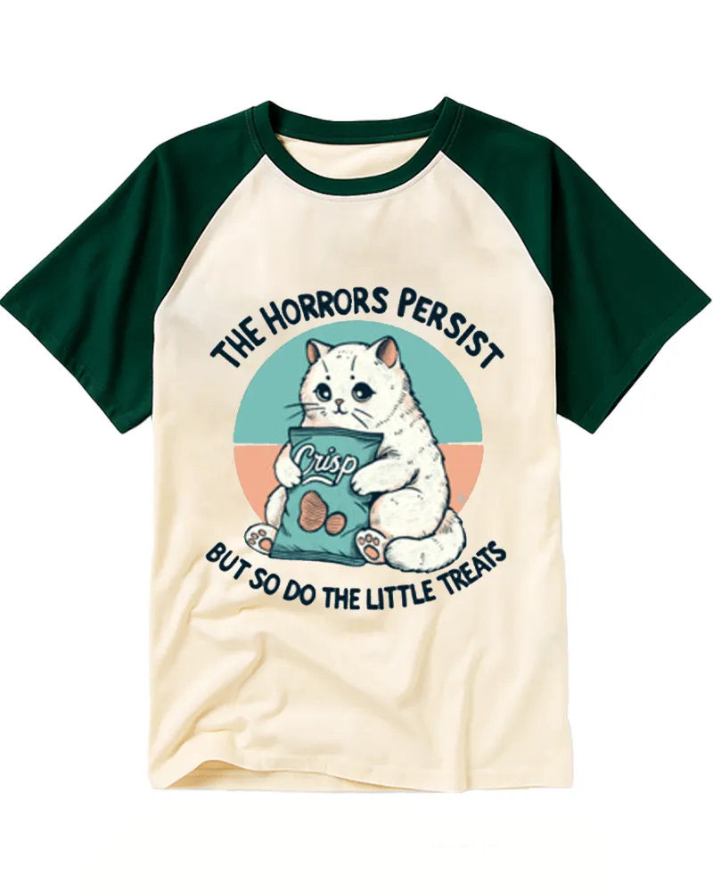 Retro Snack-Loving Cat Cotton Raglan Tee